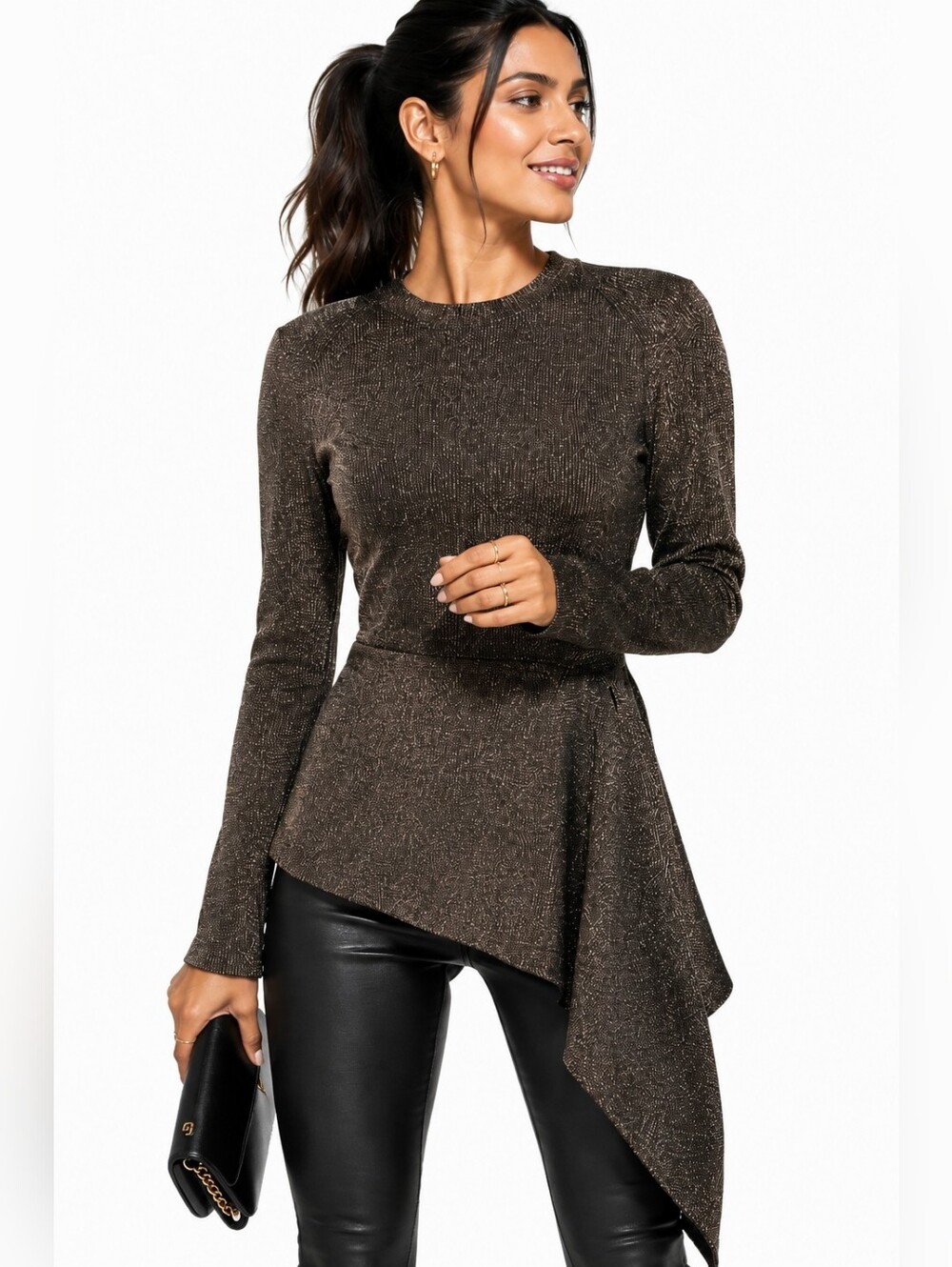 3.1 Phillip Lim Bronze Metallic Shimmer Asymmetric Peplum Top L